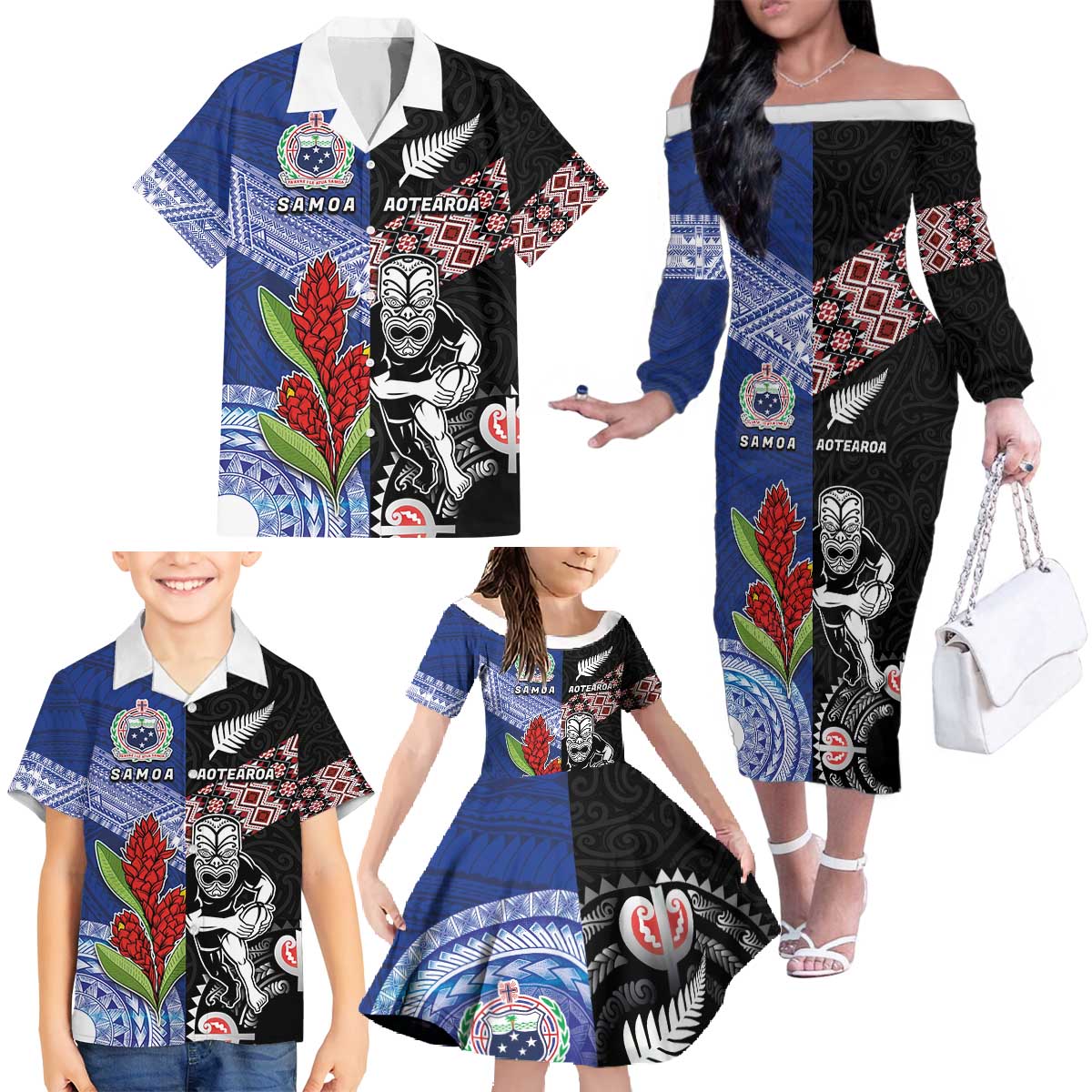 Custom Aotearoa and Samoa Rugby Family Matching Off The Shoulder Long Sleeve Dress and Hawaiian Shirt Maori Warrior and Teuila Emblem-Tatau with Taniko Art LT03 - Polynesian Pride