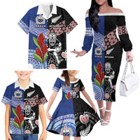 Custom Aotearoa and Samoa Rugby Family Matching Off The Shoulder Long Sleeve Dress and Hawaiian Shirt Maori Warrior and Teuila Emblem-Tatau with Taniko Art LT03 - Polynesian Pride