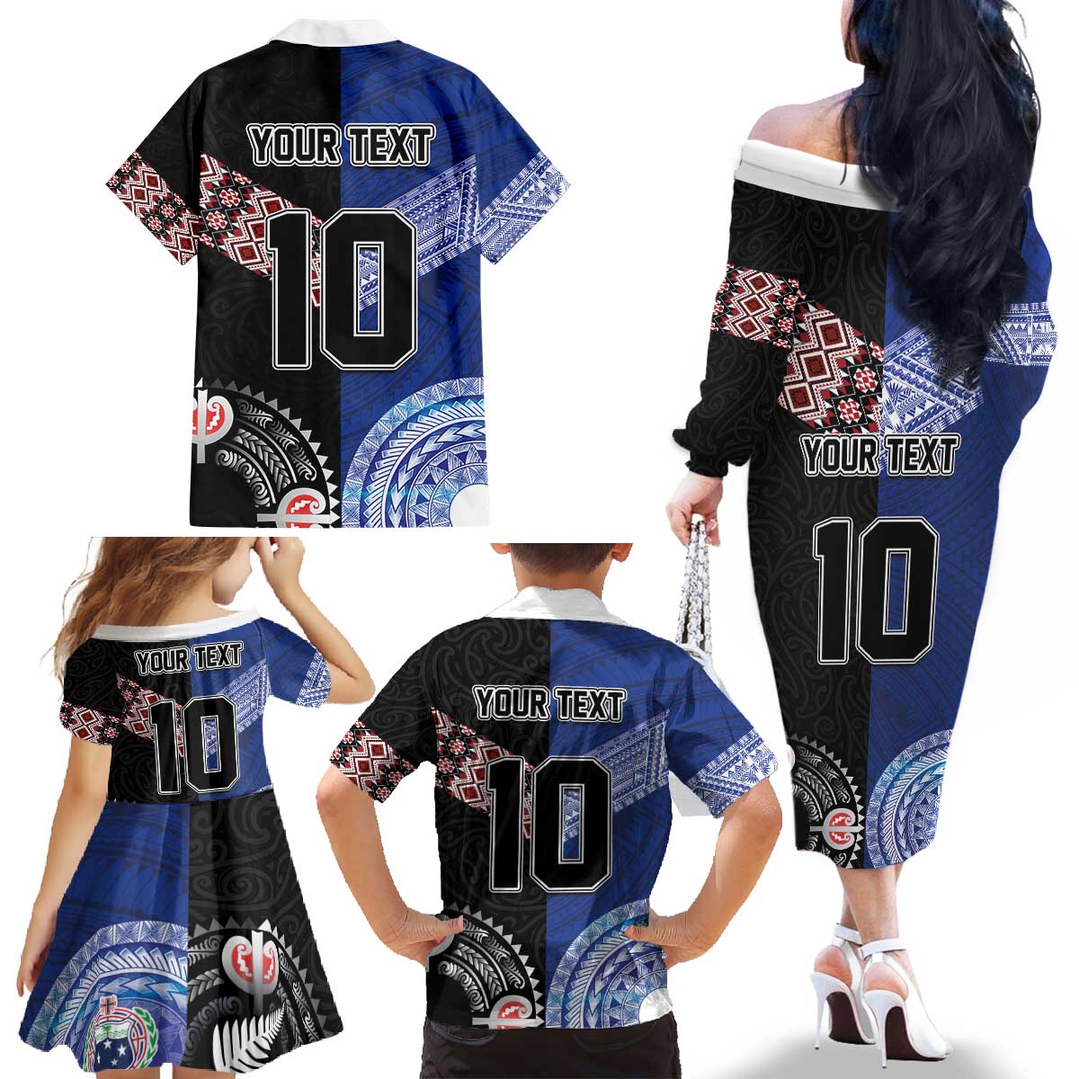 Custom Aotearoa and Samoa Rugby Family Matching Off The Shoulder Long Sleeve Dress and Hawaiian Shirt Maori Warrior and Teuila Emblem-Tatau with Taniko Art LT03 - Polynesian Pride