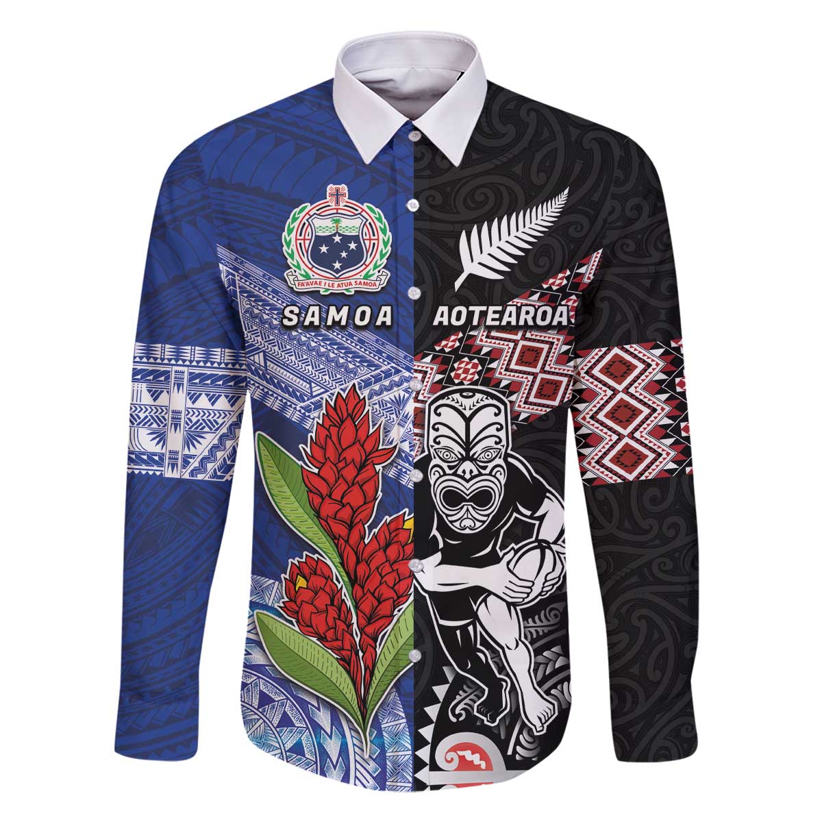 Custom Aotearoa and Samoa Rugby Family Matching Off The Shoulder Long Sleeve Dress and Hawaiian Shirt Maori Warrior and Teuila Emblem-Tatau with Taniko Art LT03 Dad's Shirt - Long Sleeve Black - Polynesian Pride