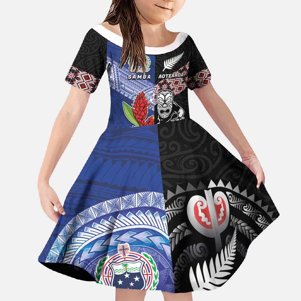 Custom Aotearoa and Samoa Rugby Family Matching Off Shoulder Maxi Dress and Hawaiian Shirt Maori Warrior and Teuila Emblem-Tatau with Taniko Art LT03 Daughter's Dress Black - Polynesian Pride