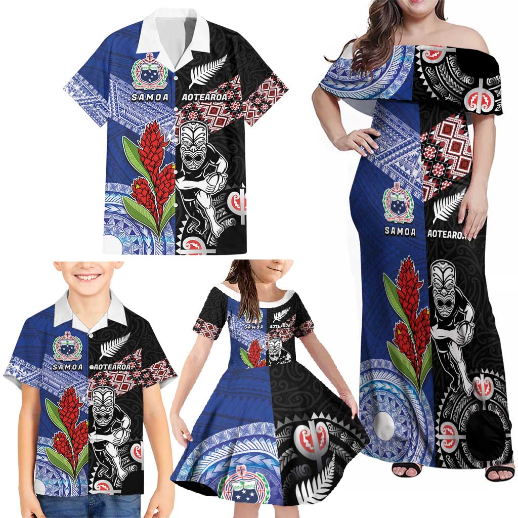 Custom Aotearoa and Samoa Rugby Family Matching Off Shoulder Maxi Dress and Hawaiian Shirt Maori Warrior and Teuila Emblem-Tatau with Taniko Art LT03 - Polynesian Pride
