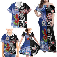 Custom Aotearoa and Samoa Rugby Family Matching Off Shoulder Maxi Dress and Hawaiian Shirt Maori Warrior and Teuila Emblem-Tatau with Taniko Art LT03 - Polynesian Pride