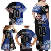 Custom Aotearoa and Samoa Rugby Family Matching Off Shoulder Maxi Dress and Hawaiian Shirt Maori Warrior and Teuila Emblem-Tatau with Taniko Art LT03 - Polynesian Pride