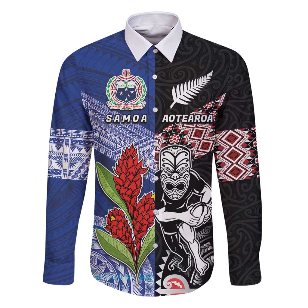 Custom Aotearoa and Samoa Rugby Family Matching Off Shoulder Maxi Dress and Hawaiian Shirt Maori Warrior and Teuila Emblem-Tatau with Taniko Art LT03 Dad's Shirt - Long Sleeve Black - Polynesian Pride