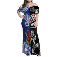 Custom Aotearoa and Samoa Rugby Family Matching Off Shoulder Maxi Dress and Hawaiian Shirt Maori Warrior and Teuila Emblem-Tatau with Taniko Art LT03 Mom's Dress Black - Polynesian Pride