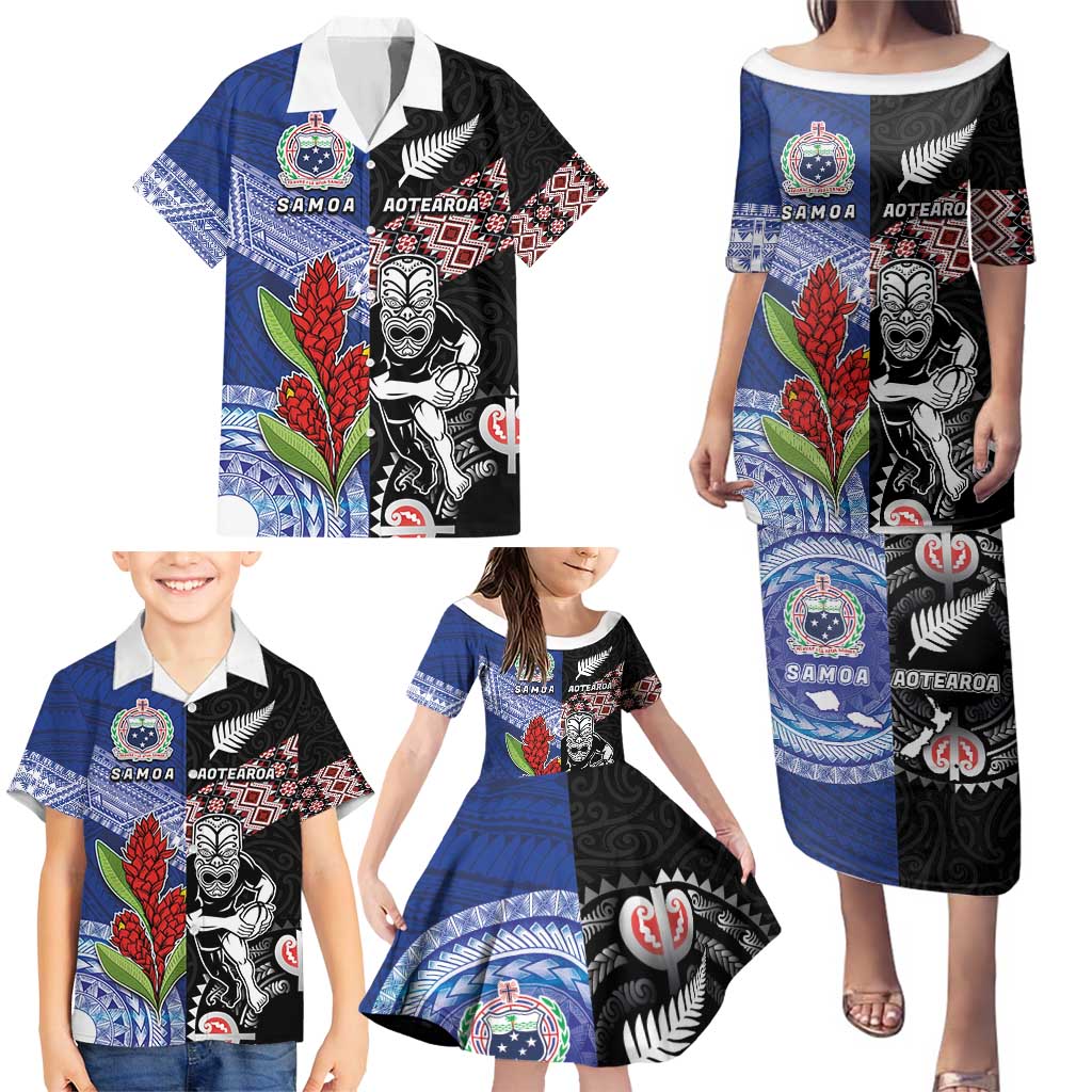 Custom Aotearoa and Samoa Rugby Family Matching Puletasi and Hawaiian Shirt Maori Warrior and Teuila Emblem-Tatau with Taniko Art LT03 - Polynesian Pride