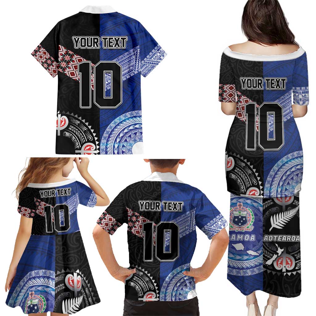 Custom Aotearoa and Samoa Rugby Family Matching Puletasi and Hawaiian Shirt Maori Warrior and Teuila Emblem-Tatau with Taniko Art LT03 - Polynesian Pride