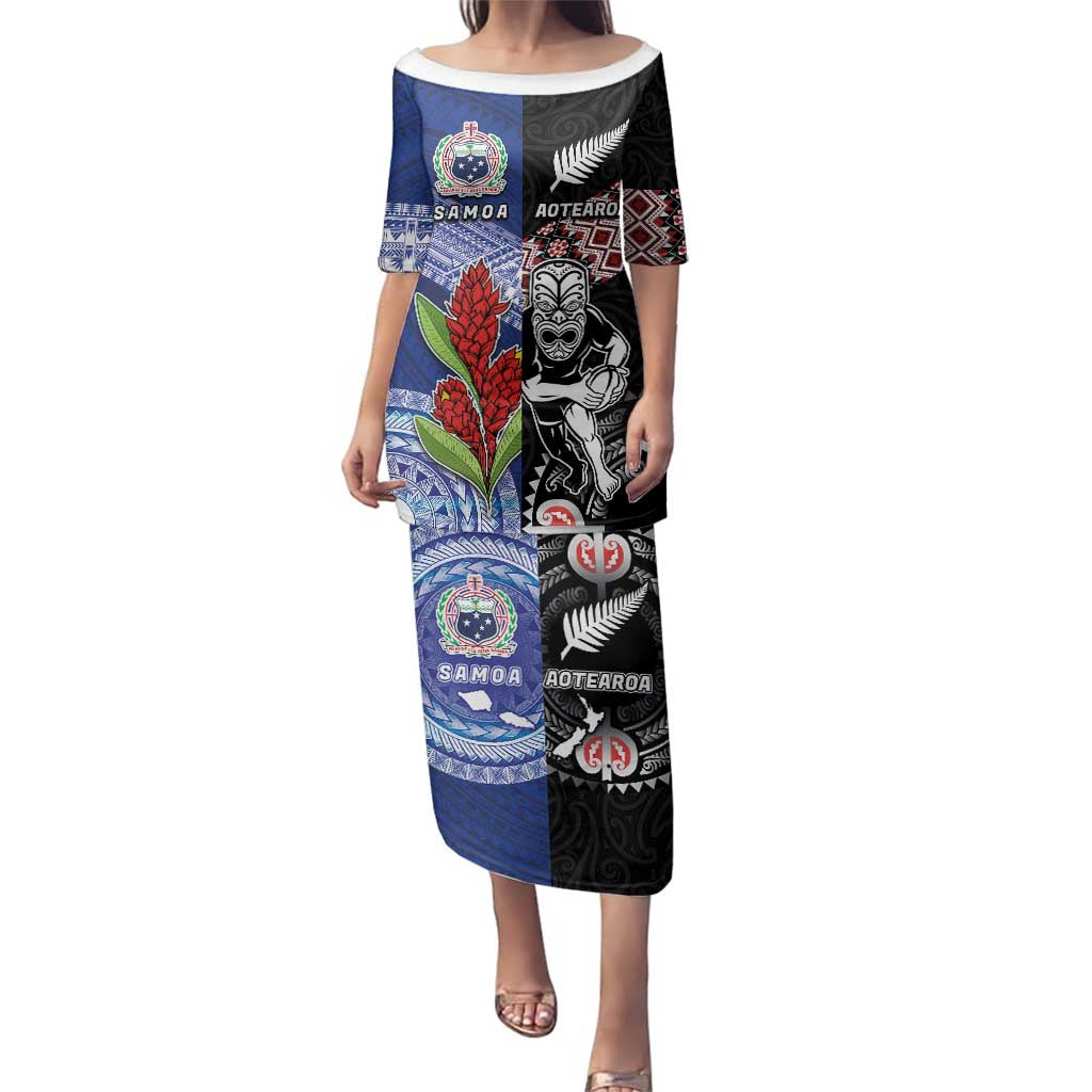 Custom Aotearoa and Samoa Rugby Family Matching Puletasi and Hawaiian Shirt Maori Warrior and Teuila Emblem-Tatau with Taniko Art LT03 Mom's Dress Black - Polynesian Pride