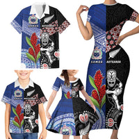 Custom Aotearoa and Samoa Rugby Family Matching Short Sleeve Bodycon Dress and Hawaiian Shirt Maori Warrior and Teuila Emblem-Tatau with Taniko Art LT03 - Polynesian Pride