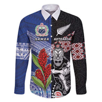 Custom Aotearoa and Samoa Rugby Family Matching Short Sleeve Bodycon Dress and Hawaiian Shirt Maori Warrior and Teuila Emblem-Tatau with Taniko Art LT03 Dad's Shirt - Long Sleeve Black - Polynesian Pride