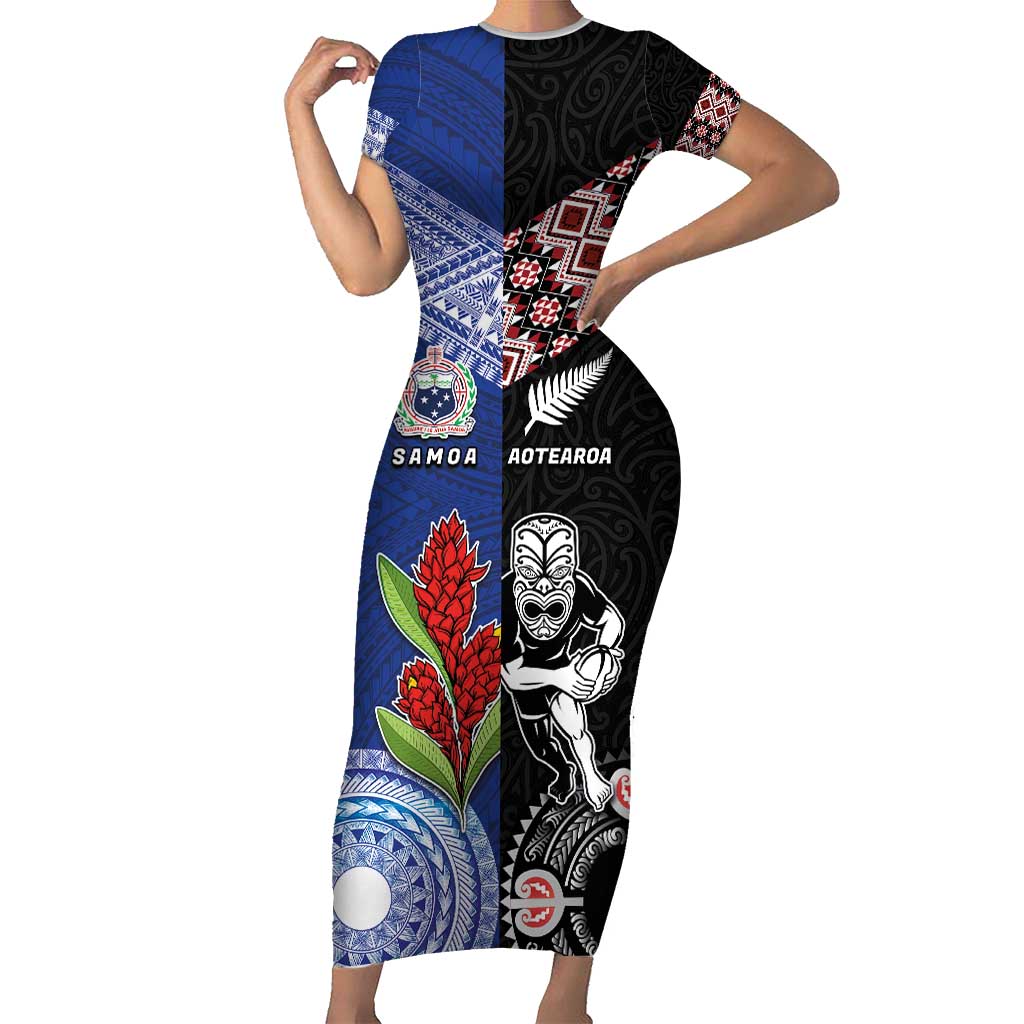 Custom Aotearoa and Samoa Rugby Family Matching Short Sleeve Bodycon Dress and Hawaiian Shirt Maori Warrior and Teuila Emblem-Tatau with Taniko Art LT03 Mom's Dress Black - Polynesian Pride