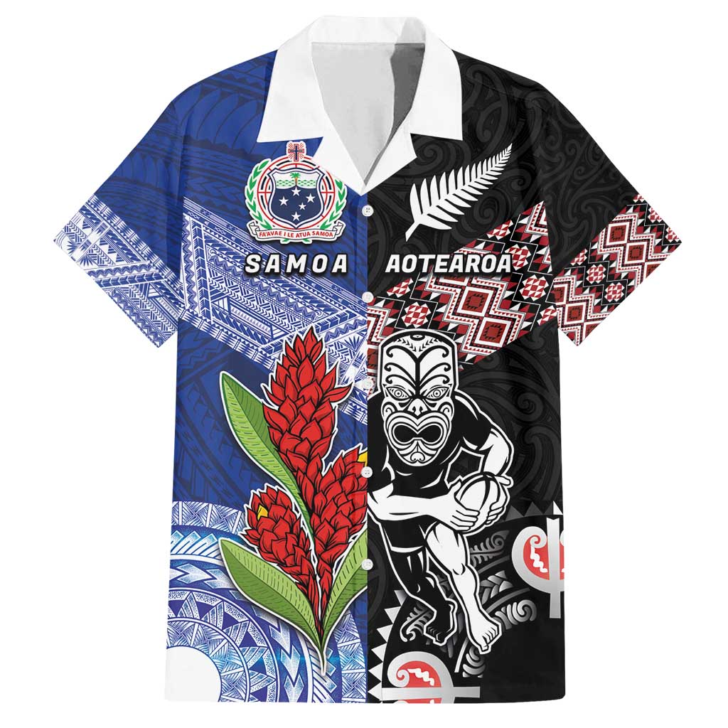 Custom Aotearoa and Samoa Rugby Family Matching Summer Maxi Dress and Hawaiian Shirt Maori Warrior and Teuila Emblem-Tatau with Taniko Art LT03 Dad's Shirt - Short Sleeve Black - Polynesian Pride