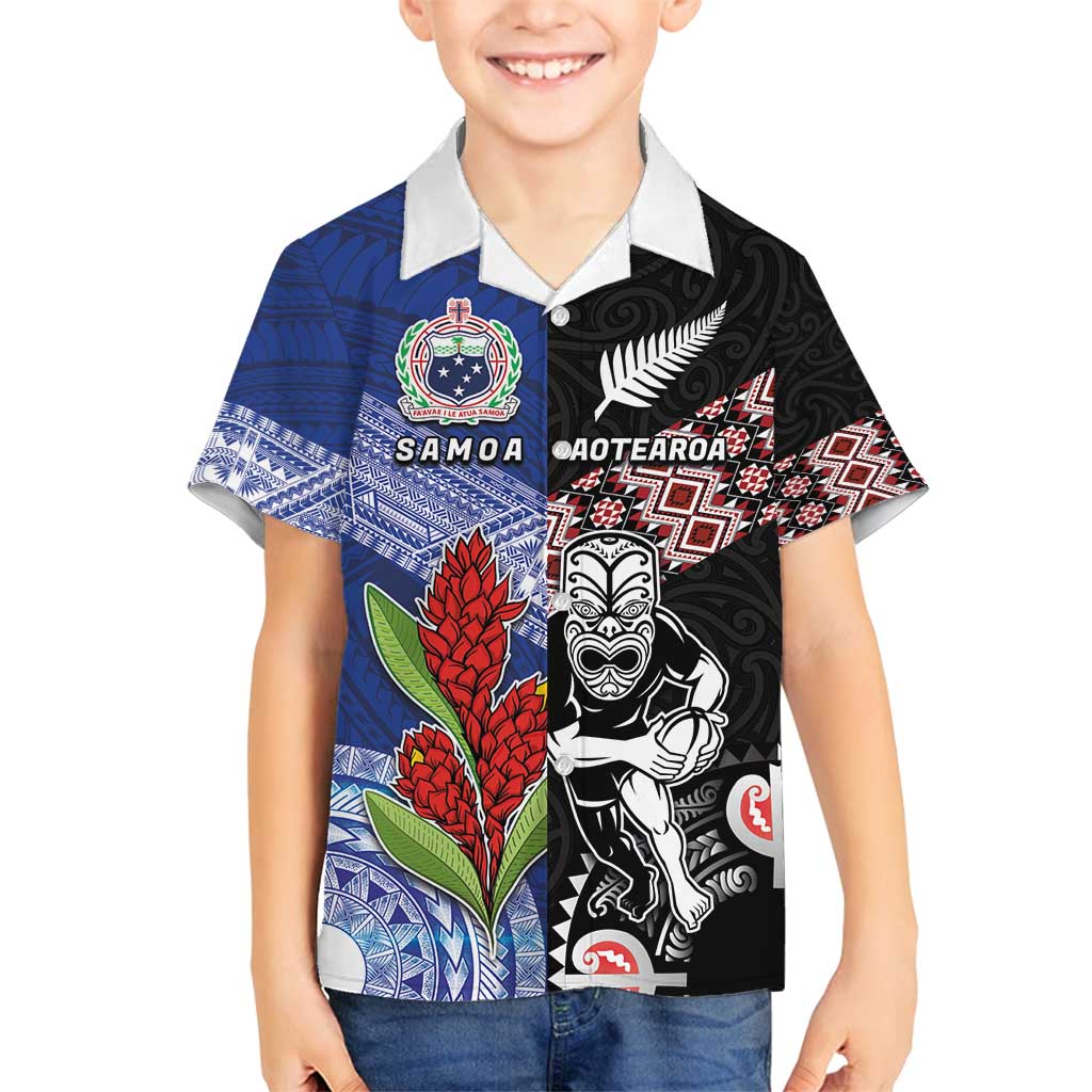 Custom Aotearoa and Samoa Rugby Family Matching Summer Maxi Dress and Hawaiian Shirt Maori Warrior and Teuila Emblem-Tatau with Taniko Art LT03 Son's Shirt Black - Polynesian Pride
