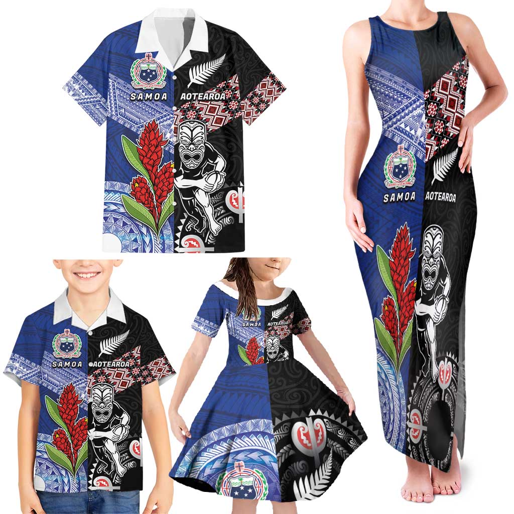 Custom Aotearoa and Samoa Rugby Family Matching Tank Maxi Dress and Hawaiian Shirt Maori Warrior and Teuila Emblem-Tatau with Taniko Art LT03 - Polynesian Pride