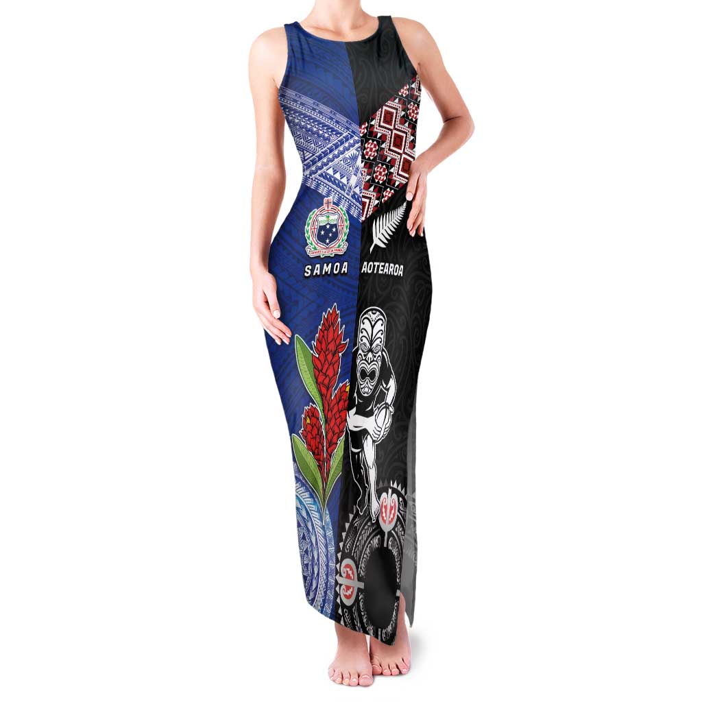 Custom Aotearoa and Samoa Rugby Family Matching Tank Maxi Dress and Hawaiian Shirt Maori Warrior and Teuila Emblem-Tatau with Taniko Art LT03 Mom's Dress Black - Polynesian Pride