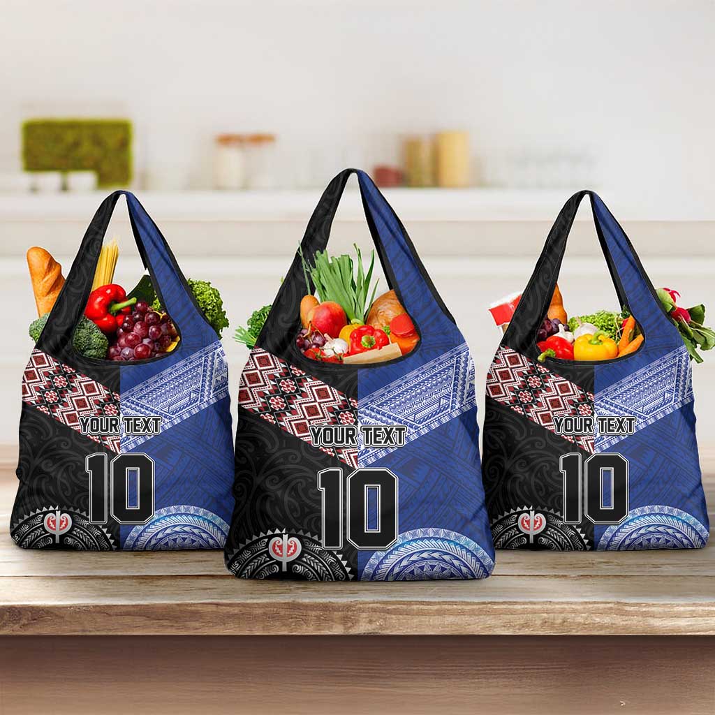 Custom Aotearoa and Samoa Rugby Grocery Bag Maori Warrior and Teuila Emblem-Tatau with Taniko Art