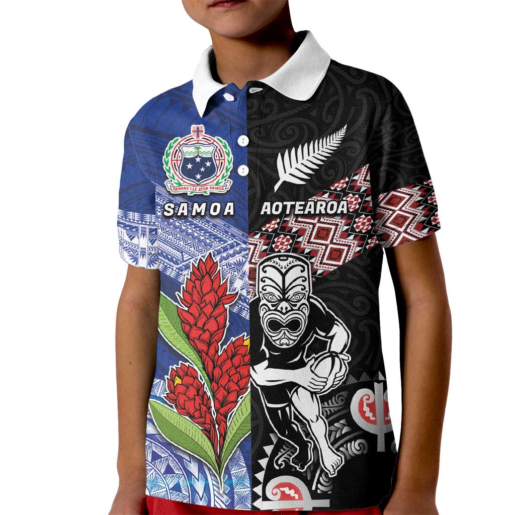 Custom Aotearoa and Samoa Rugby Kid Polo Shirt Maori Warrior and Teuila Emblem-Tatau with Taniko Art