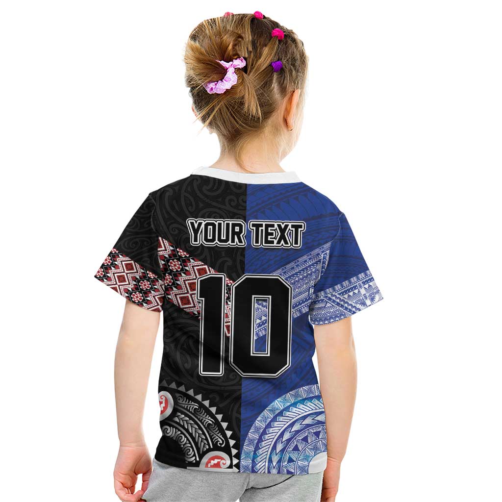 Custom Aotearoa and Samoa Rugby Kid T Shirt Maori Warrior and Teuila Emblem-Tatau with Taniko Art