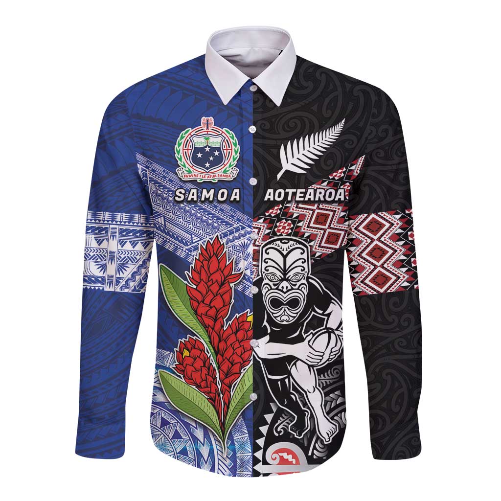 Custom Aotearoa and Samoa Rugby Long Sleeve Button Shirt Maori Warrior and Teuila Emblem-Tatau with Taniko Art