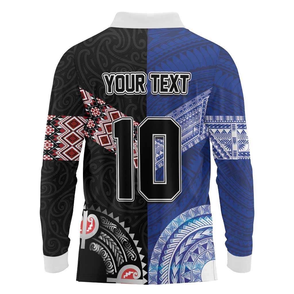 Custom Aotearoa and Samoa Rugby Long Sleeve Polo Shirt Maori Warrior and Teuila Emblem-Tatau with Taniko Art