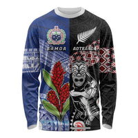 Custom Aotearoa and Samoa Rugby Long Sleeve Shirt Maori Warrior and Teuila Emblem-Tatau with Taniko Art