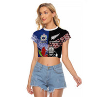 Custom Aotearoa and Samoa Rugby Raglan Cropped T Shirt Maori Warrior and Teuila Emblem-Tatau with Taniko Art