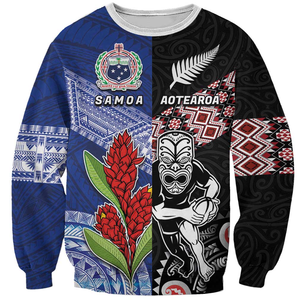 Custom Aotearoa and Samoa Rugby Sweatshirt Maori Warrior and Teuila Emblem-Tatau with Taniko Art