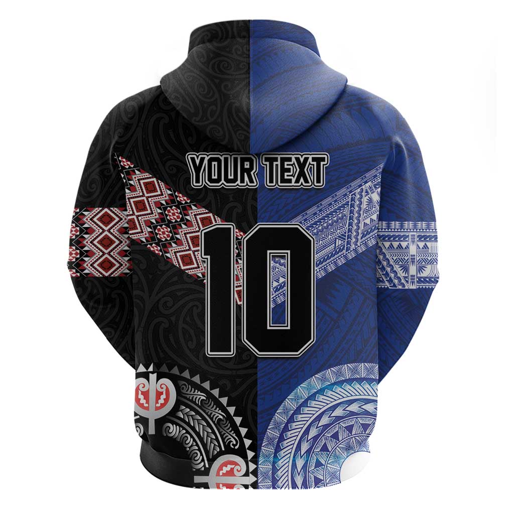 Custom Aotearoa and Samoa Rugby Zip Hoodie Maori Warrior and Teuila Emblem-Tatau with Taniko Art