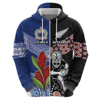 Custom Aotearoa and Samoa Rugby Zip Hoodie Maori Warrior and Teuila Emblem-Tatau with Taniko Art