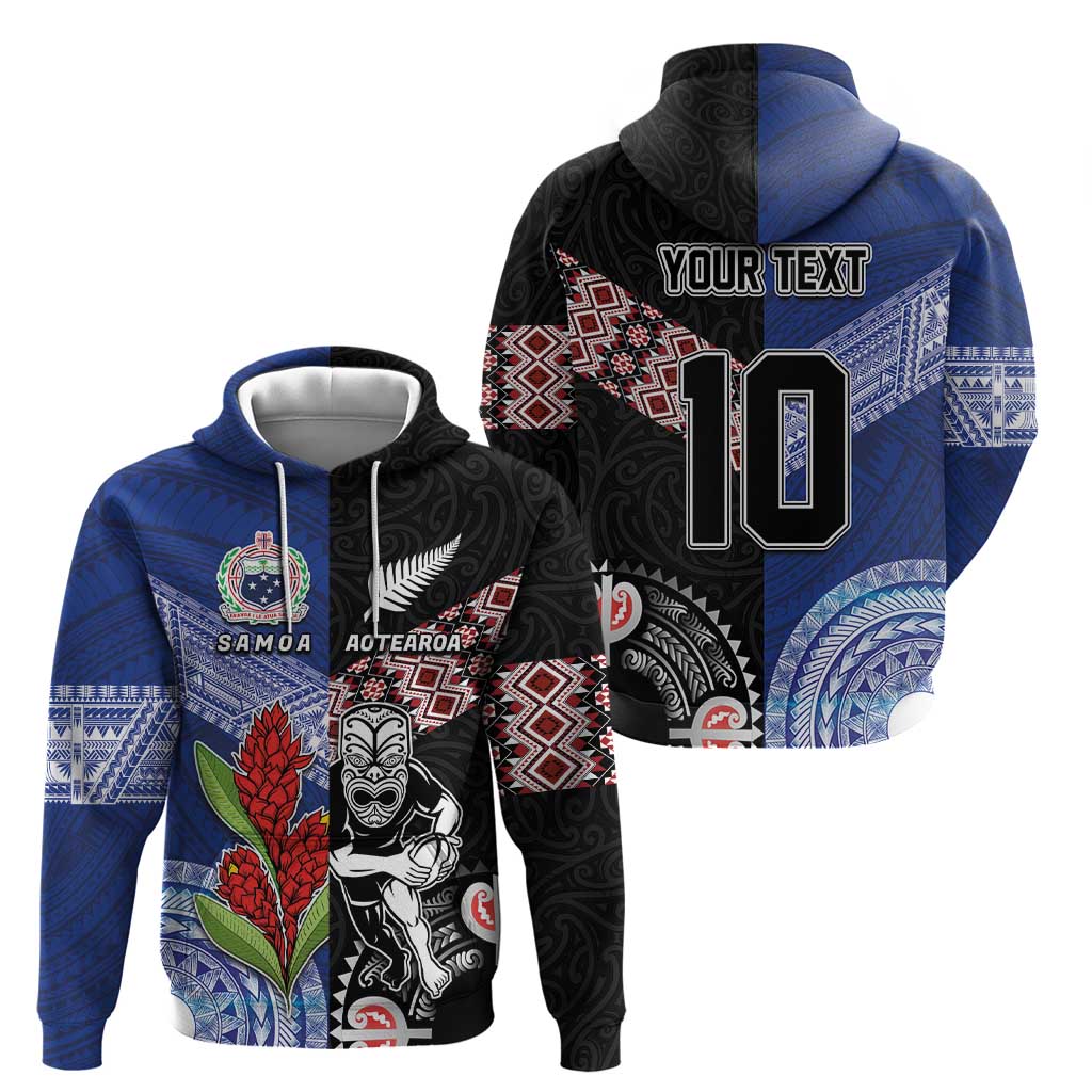 Custom Aotearoa and Samoa Rugby Zip Hoodie Maori Warrior and Teuila Emblem-Tatau with Taniko Art