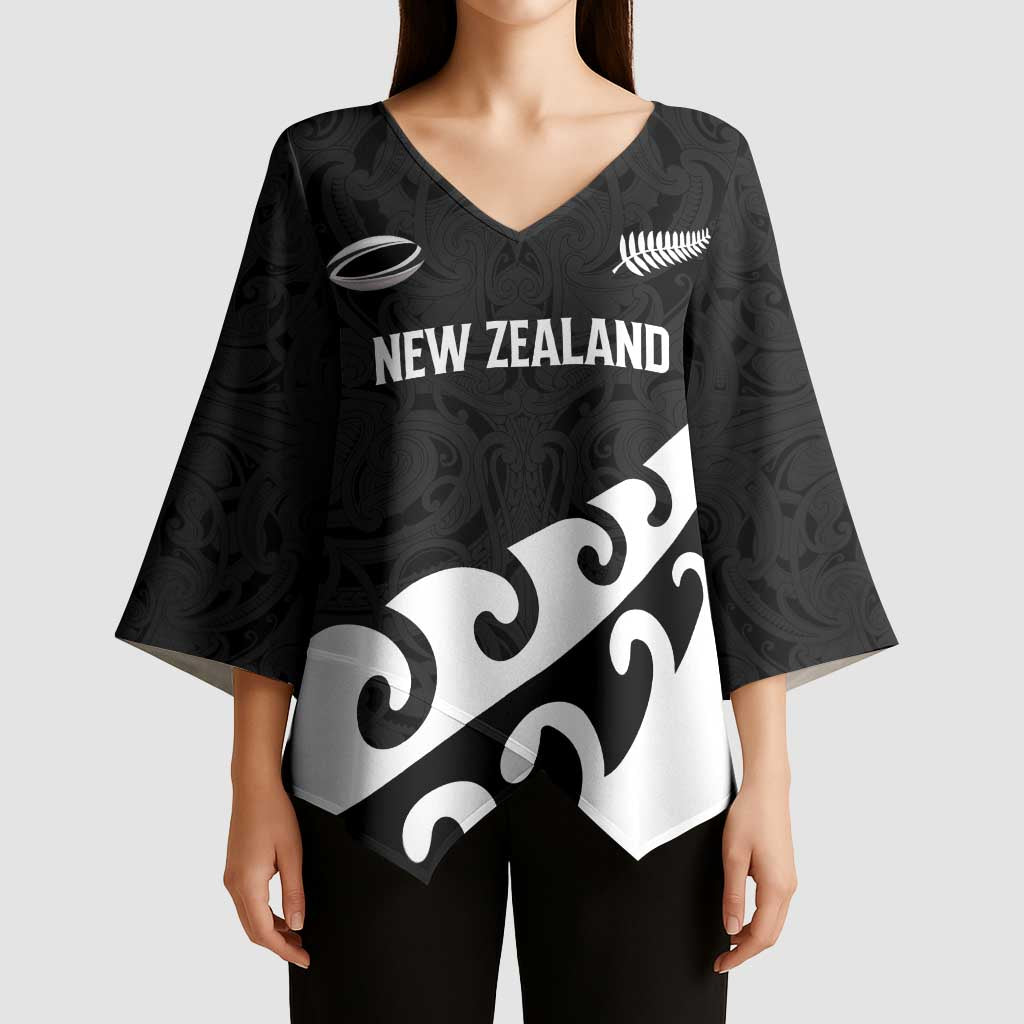 Custom NZ Rugby Kimono Sleeve Blouse Koru and Silver Fern Sporty Style