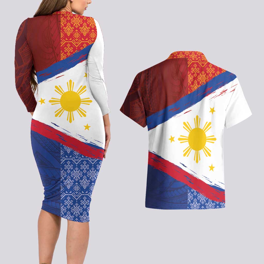 Philippines National Flag Day Couples Matching Long Sleeve Bodycon Dress and Hawaiian Shirt Polynesian and Yakan Tattoo Brush Style LT03 - Polynesian Pride