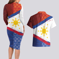 Philippines National Flag Day Couples Matching Long Sleeve Bodycon Dress and Hawaiian Shirt Polynesian and Yakan Tattoo Brush Style LT03 - Polynesian Pride