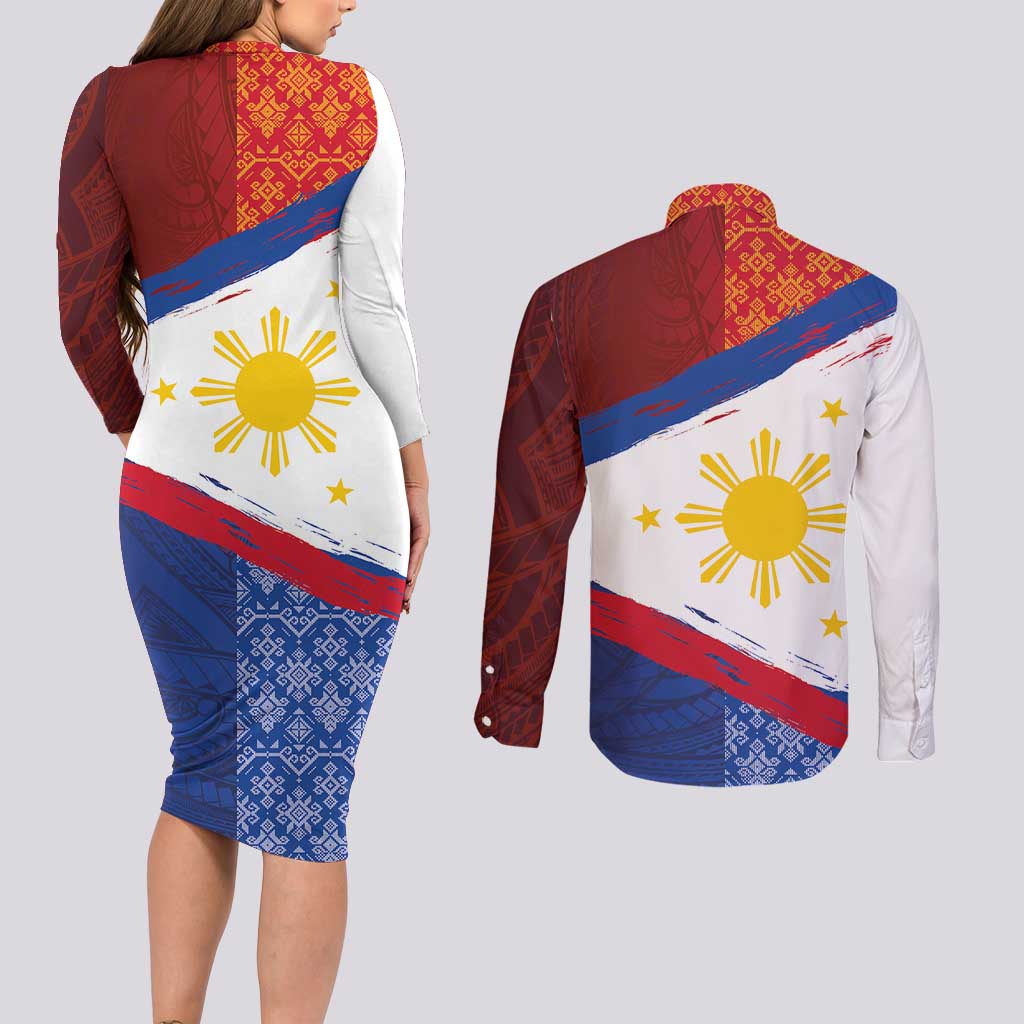 Philippines National Flag Day Couples Matching Long Sleeve Bodycon Dress and Long Sleeve Button Shirt Polynesian and Yakan Tattoo Brush Style LT03 - Polynesian Pride