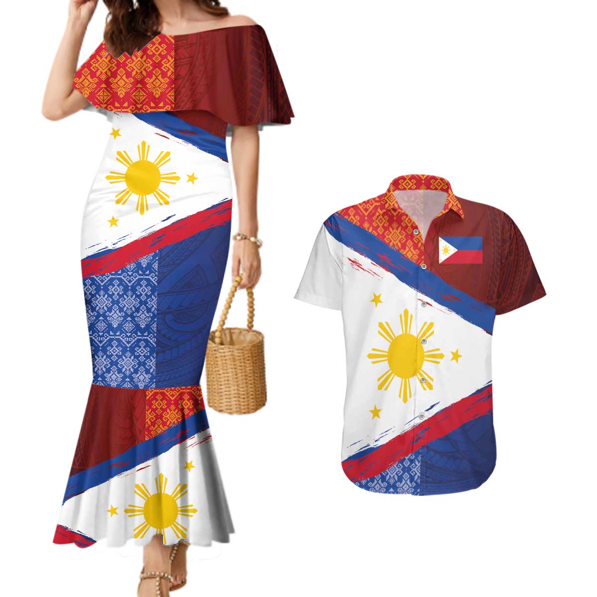 Philippines National Flag Day Couples Matching Mermaid Dress and Hawaiian Shirt Polynesian and Yakan Tattoo Brush Style LT03 Red - Polynesian Pride