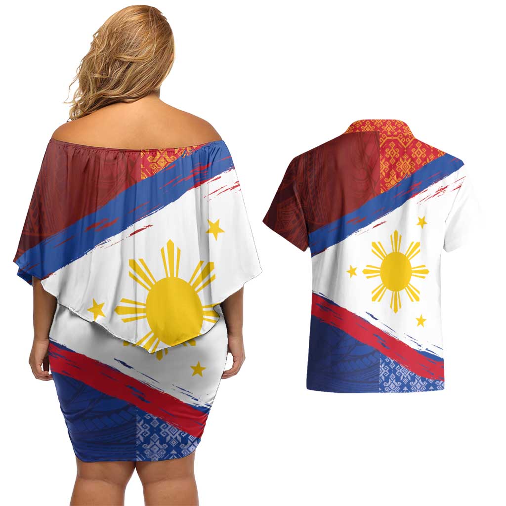 Philippines National Flag Day Couples Matching Off Shoulder Short Dress and Hawaiian Shirt Polynesian and Yakan Tattoo Brush Style LT03 - Polynesian Pride