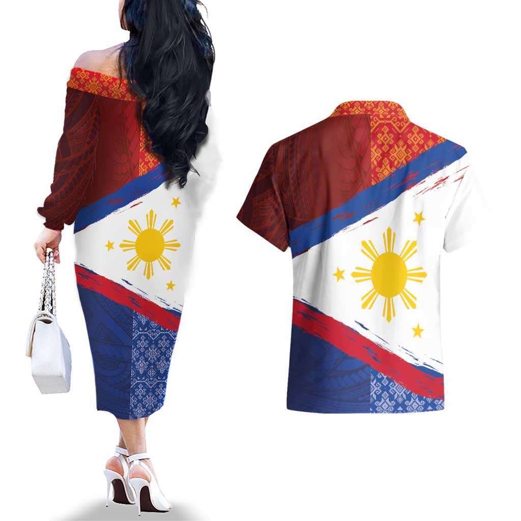 Philippines National Flag Day Couples Matching Off The Shoulder Long Sleeve Dress and Hawaiian Shirt Polynesian and Yakan Tattoo Brush Style LT03 - Polynesian Pride