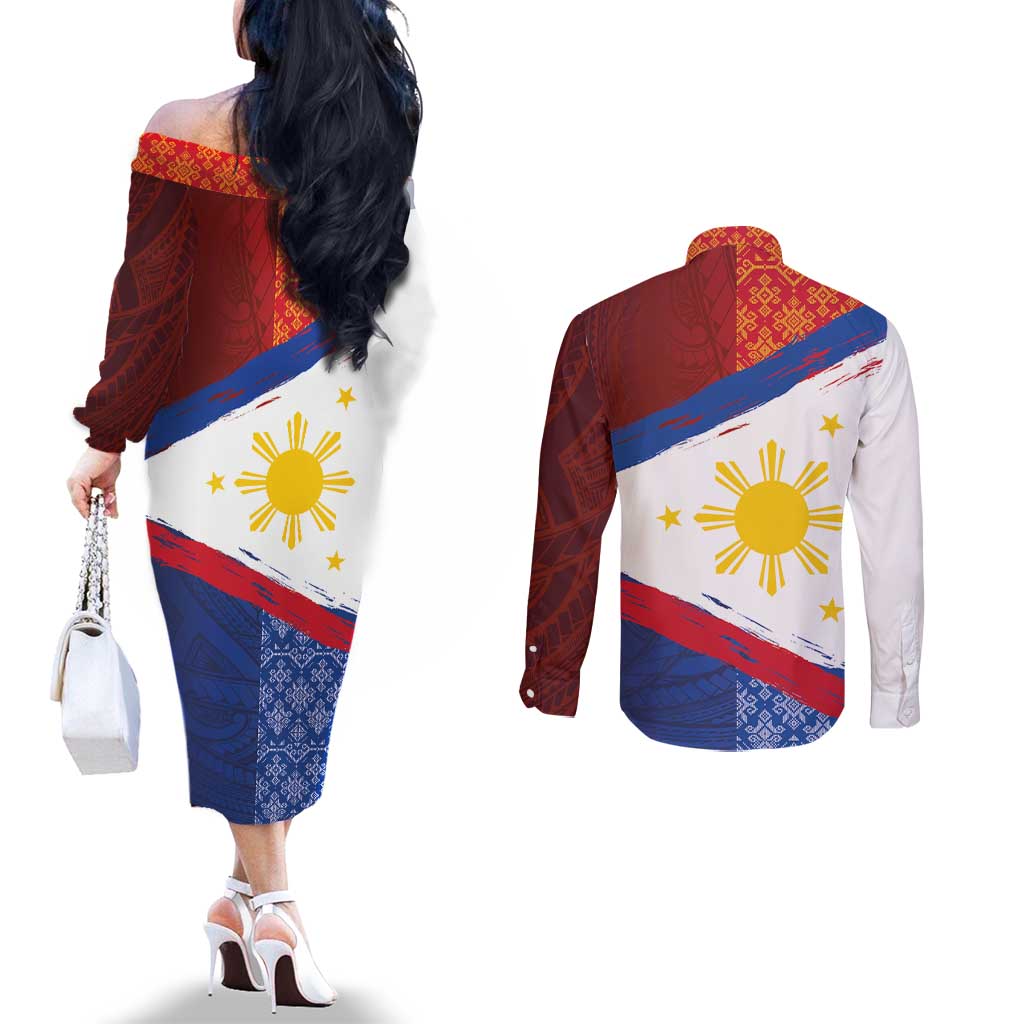 Philippines National Flag Day Couples Matching Off The Shoulder Long Sleeve Dress and Long Sleeve Button Shirt Polynesian and Yakan Tattoo Brush Style LT03 - Polynesian Pride