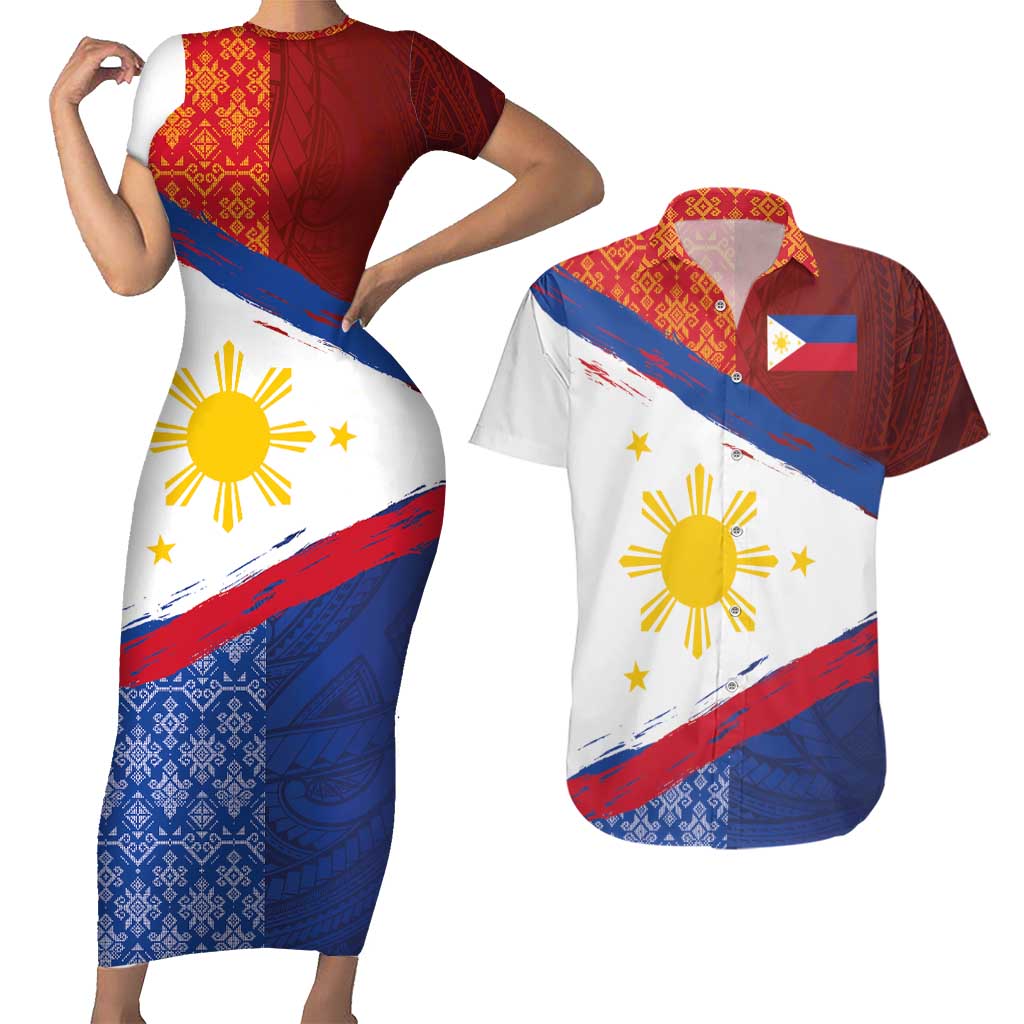 Philippines National Flag Day Couples Matching Short Sleeve Bodycon Dress and Hawaiian Shirt Polynesian and Yakan Tattoo Brush Style LT03 Red - Polynesian Pride