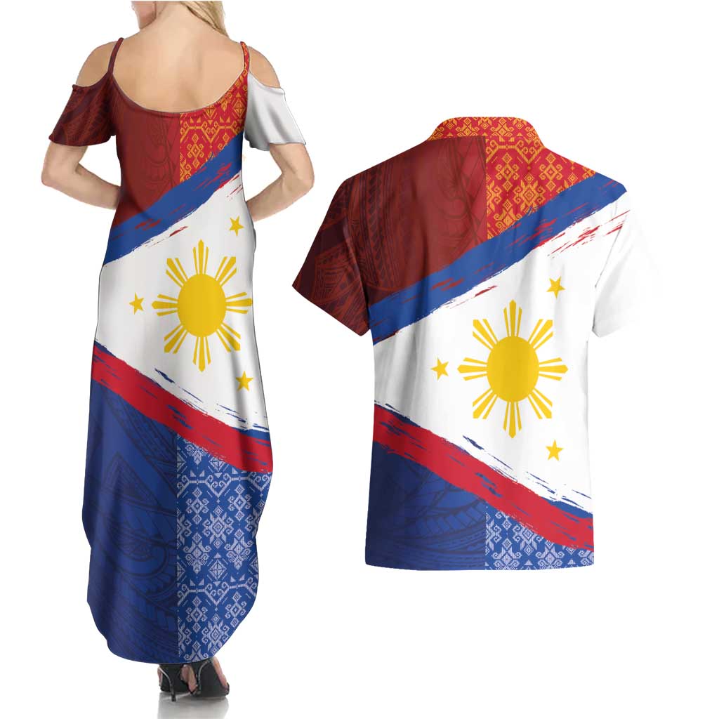 Philippines National Flag Day Couples Matching Summer Maxi Dress and Hawaiian Shirt Polynesian and Yakan Tattoo Brush Style LT03 - Polynesian Pride
