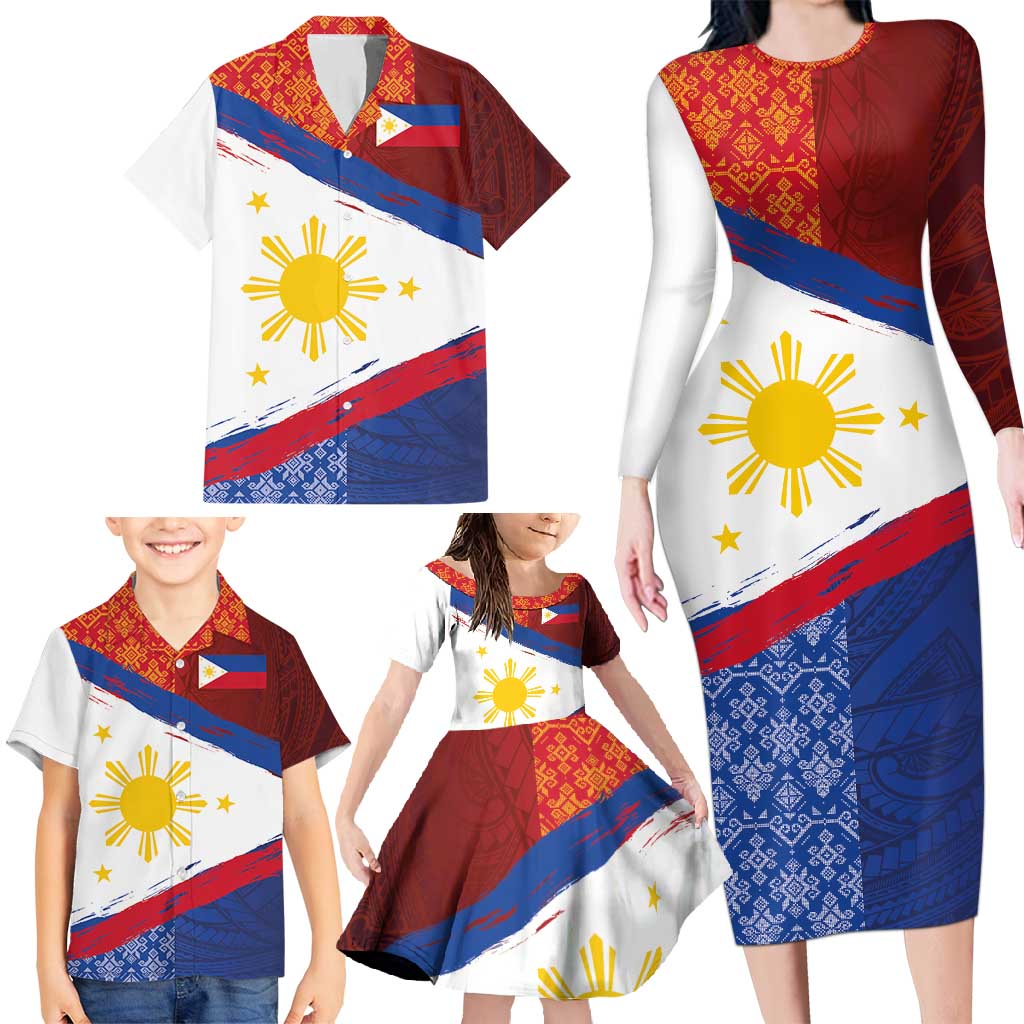 Philippines National Flag Day Family Matching Long Sleeve Bodycon Dress and Hawaiian Shirt Polynesian and Yakan Tattoo Brush Style LT03 - Polynesian Pride