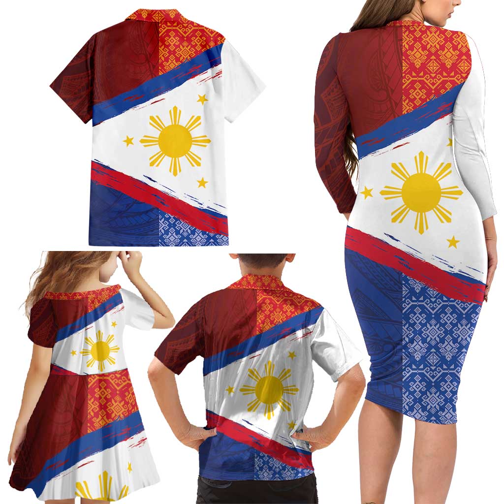 Philippines National Flag Day Family Matching Long Sleeve Bodycon Dress and Hawaiian Shirt Polynesian and Yakan Tattoo Brush Style LT03 - Polynesian Pride