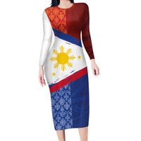 Philippines National Flag Day Family Matching Long Sleeve Bodycon Dress and Hawaiian Shirt Polynesian and Yakan Tattoo Brush Style LT03 Mom's Dress Red - Polynesian Pride