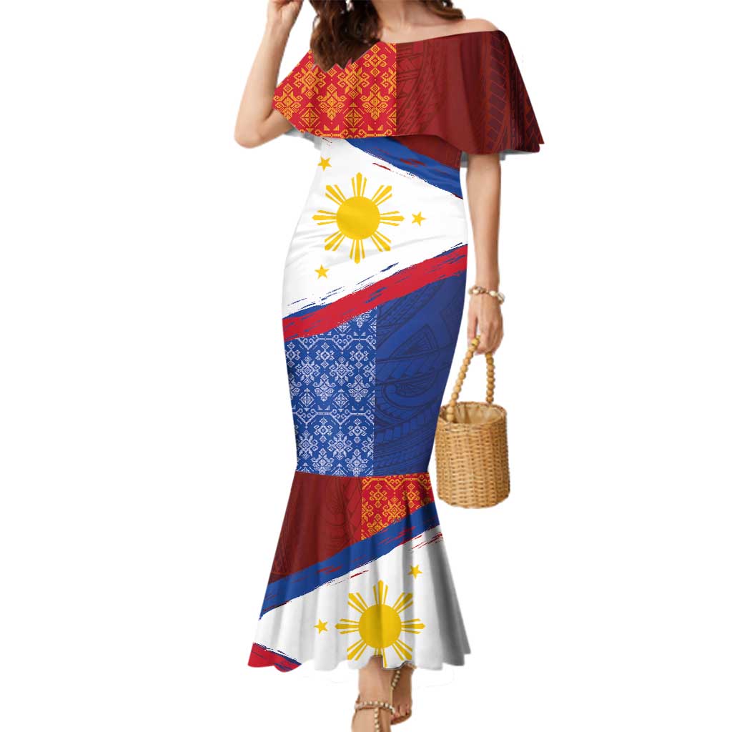 Philippines National Flag Day Family Matching Mermaid Dress and Hawaiian Shirt Polynesian and Yakan Tattoo Brush Style LT03 Mom's Dress Red - Polynesian Pride