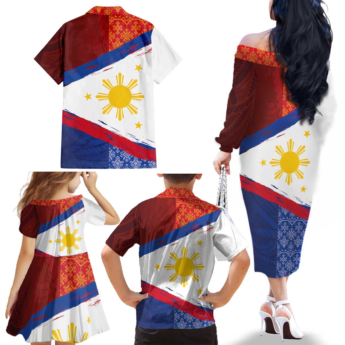 Philippines National Flag Day Family Matching Off The Shoulder Long Sleeve Dress and Hawaiian Shirt Polynesian and Yakan Tattoo Brush Style LT03 - Polynesian Pride