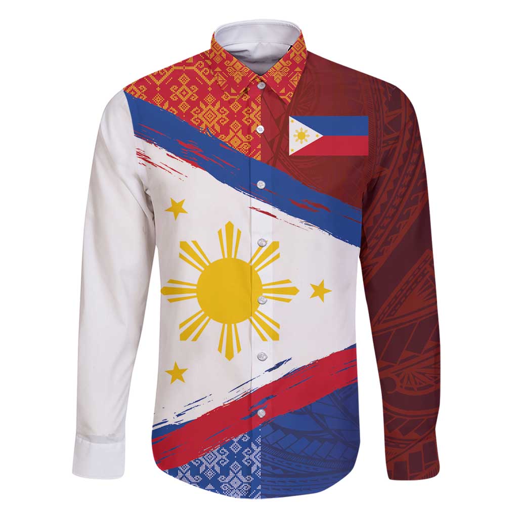 Philippines National Flag Day Family Matching Off Shoulder Maxi Dress and Hawaiian Shirt Polynesian and Yakan Tattoo Brush Style LT03 Dad's Shirt - Long Sleeve Red - Polynesian Pride
