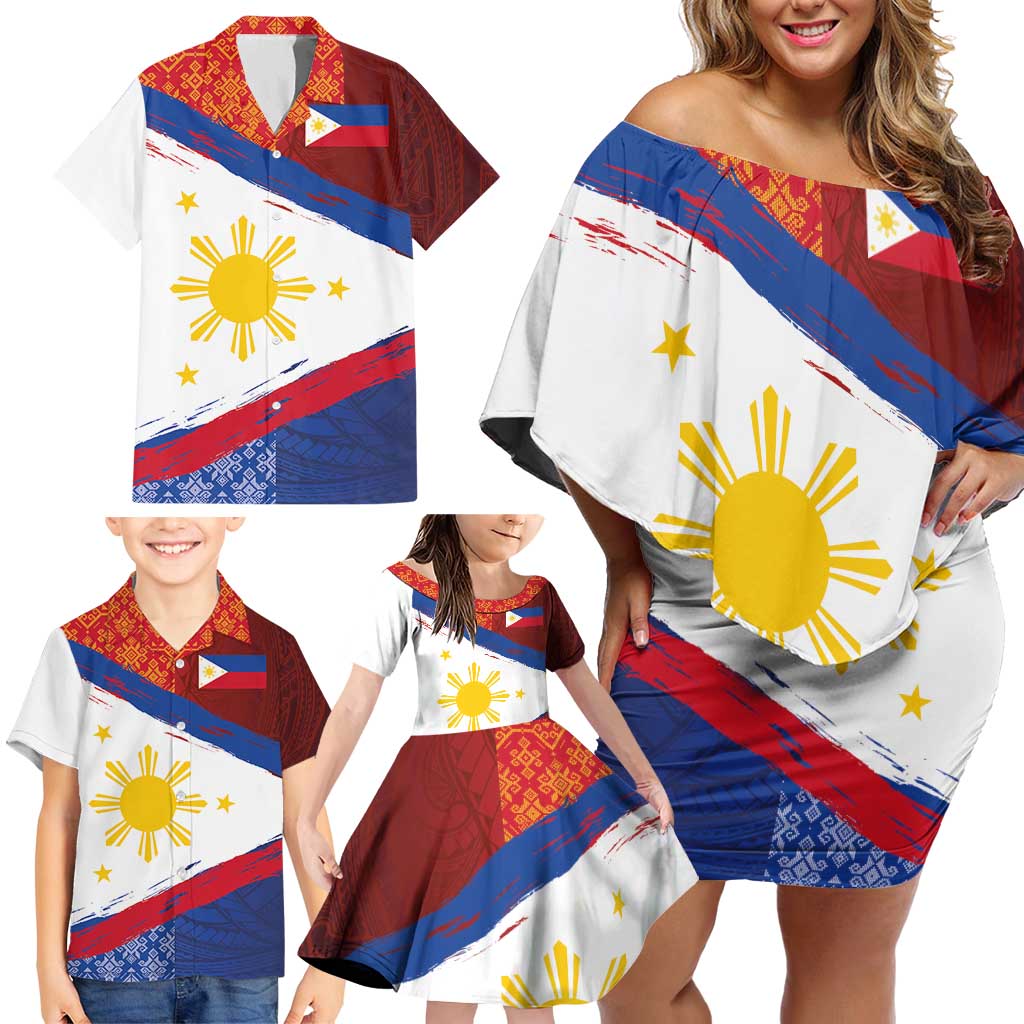 Philippines National Flag Day Family Matching Off Shoulder Short Dress and Hawaiian Shirt Polynesian and Yakan Tattoo Brush Style LT03 - Polynesian Pride