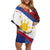 Philippines National Flag Day Family Matching Off Shoulder Short Dress and Hawaiian Shirt Polynesian and Yakan Tattoo Brush Style