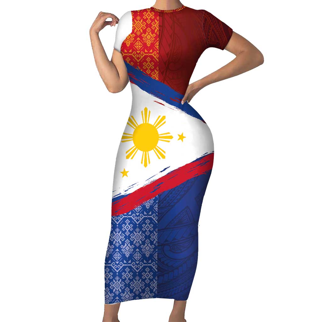 Philippines National Flag Day Family Matching Short Sleeve Bodycon Dress and Hawaiian Shirt Polynesian and Yakan Tattoo Brush Style LT03 Mom's Dress Red - Polynesian Pride